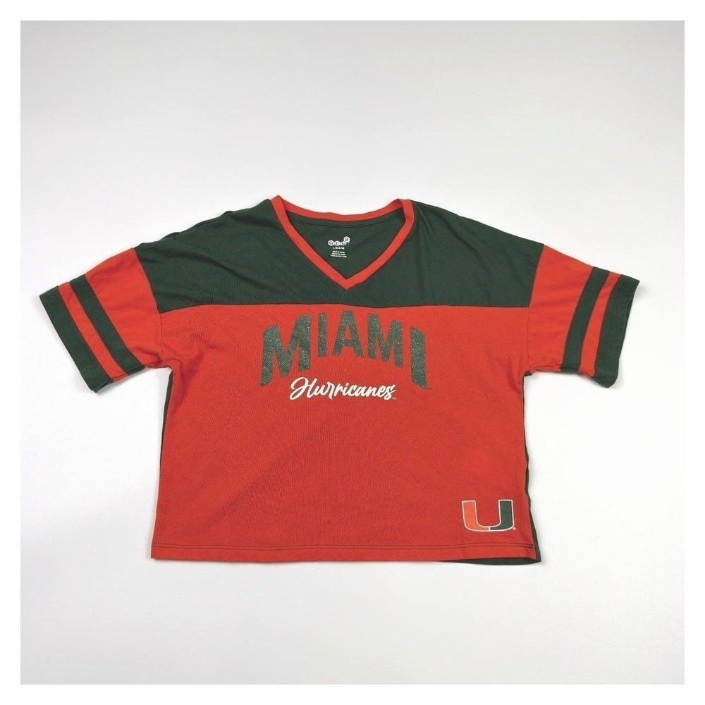 Gen 2 Miami Hurricanes Top Women L Orange Green Good V-Neck Cropped Fan Gear